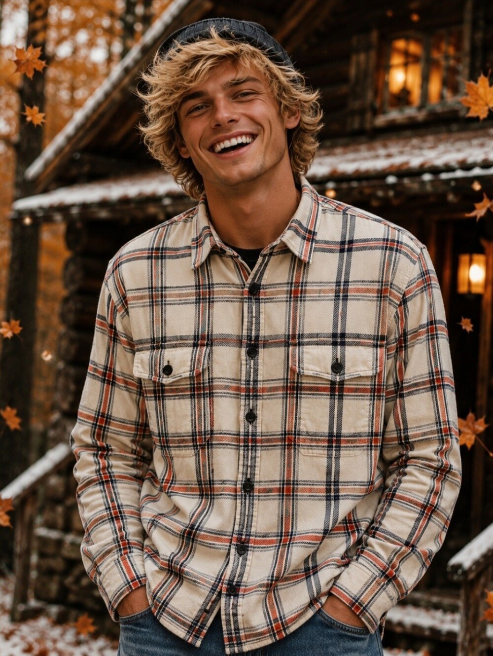 American Eagle Outfitters Men's Flannel Button-Up Shirt XL Cream/Red/Navy Plaid